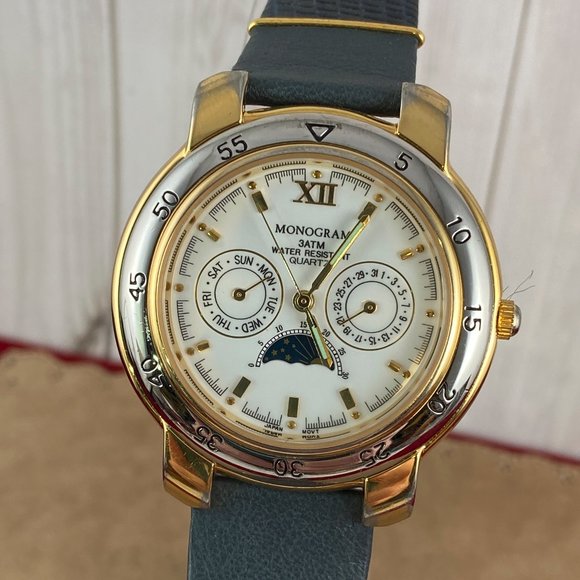 Fabulous Monogram Two Tone Moon Phase Gold Watch - Picture 1 of 8